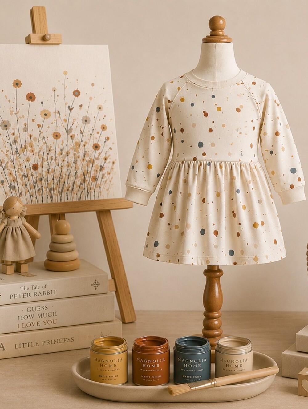 Rylee + Cru Cream Long Sleeved Reglan Dress | Splatter| 18-24 Months